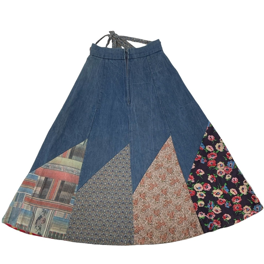 1970 Born Free Women's Skirt Patchwork Blue Denim Vintage Small - Picture 2 of 8